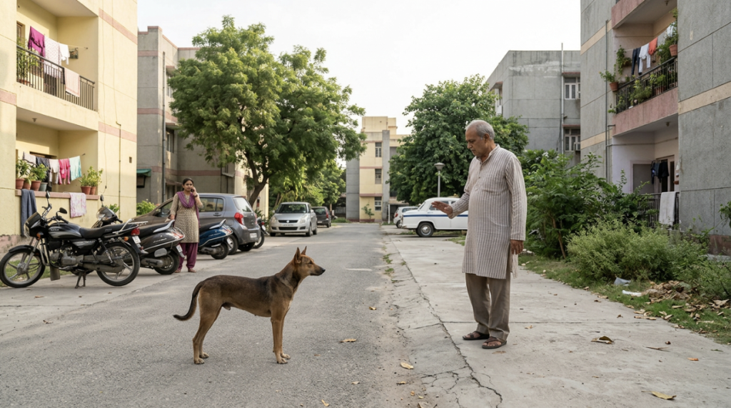 An elderly man gesturing at a street dog in a residential housing complex lane.