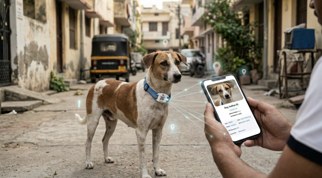 A person holding a smartphone showing a digital stray dog profile linked to a smart collar on a street dog.