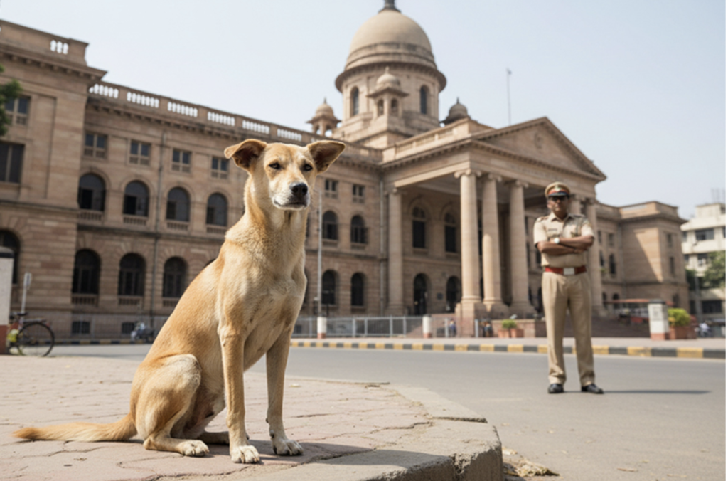 Legal document and judicial scales representing Indian law protections for street dogs and community animals.