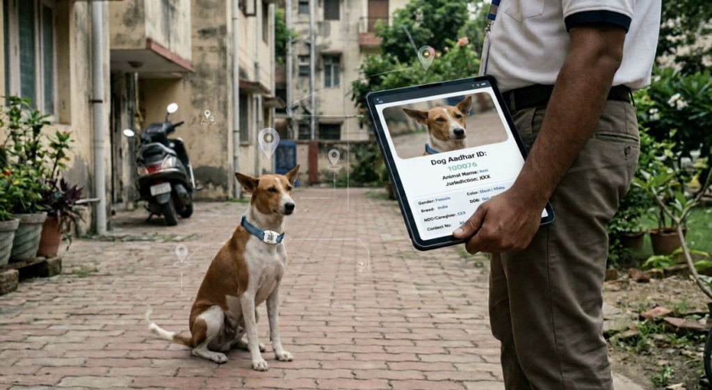 Field surveyor holding a tablet displaying a digital ID profile of a collared street dog.