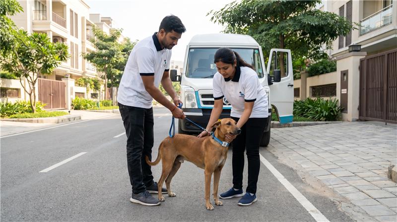 Animal welfare workers handling a stray dog outdoors for vaccination and sterilization treatment.