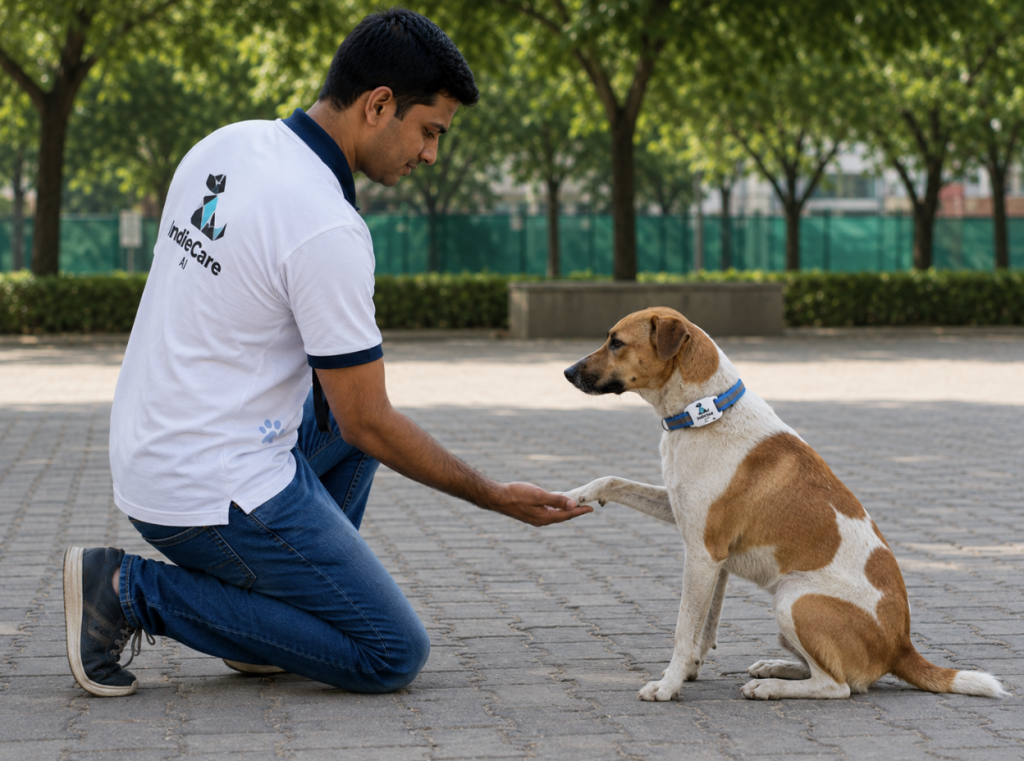 Animal care team preparing a tagged stray dog for health monitoring and sterilization as part of urban Animal Birth Control (ABC) program initiatives and community dog identification drives.