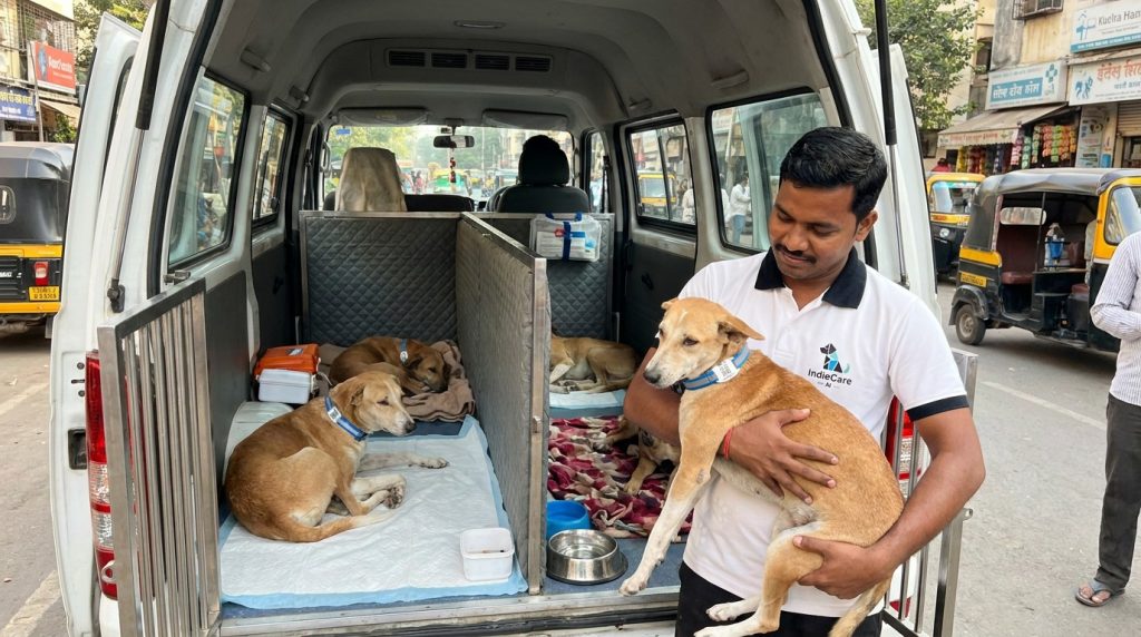 Indie Care AI worker inside an animal rescue van safely holding a rescued stray dog alongside other resting dogs