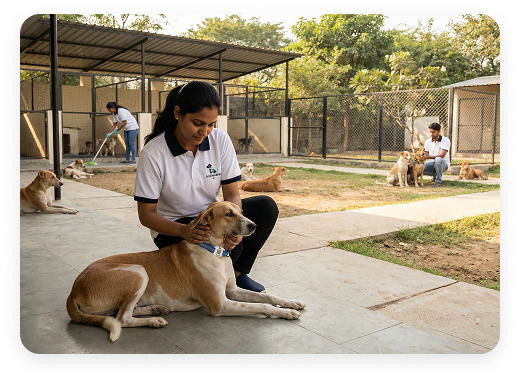 Indie Care AI field team members in branded shirts conducting community stray animal welfare and tracking operations outdoors